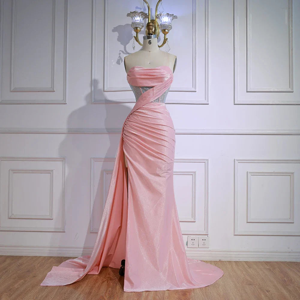 Vestido de Baile Elegante com Brilhos Cor-de-Rosa e Fenda LA72997