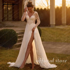 Lakshmigown Illusion Long Sleeve Wedding Dress Woman Chiffon A Line Applique Side Slit Long Robes de Soriee Customized