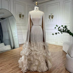 Serene Hill 2025 Champagne Mermaid Luxury Cape Sleeves Beaded Satin Saudi Evening Dresses Gowns for Party DLA72317A Customized