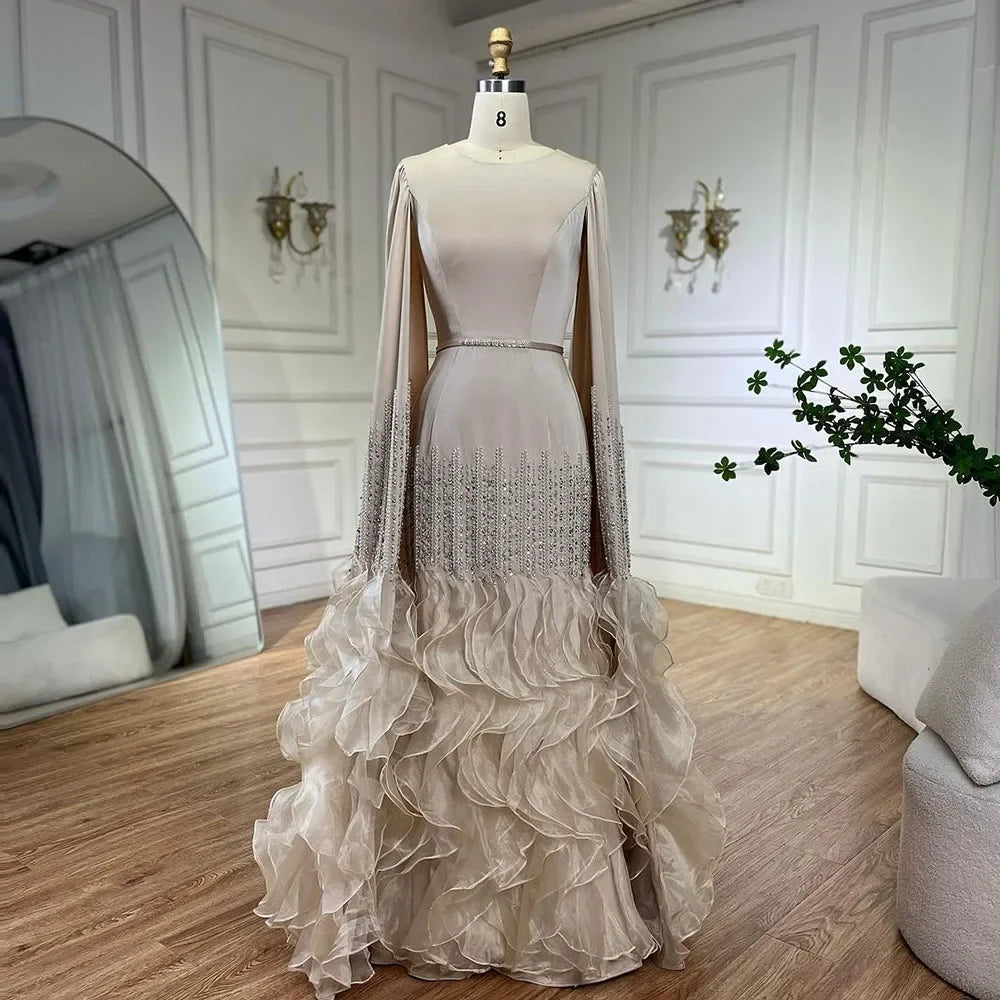 Serene Hill 2025 Champagne Mermaid Luxury Cape Sleeves Beaded Satin Saudi Evening Dresses Gowns for Party DLA72317A Customized