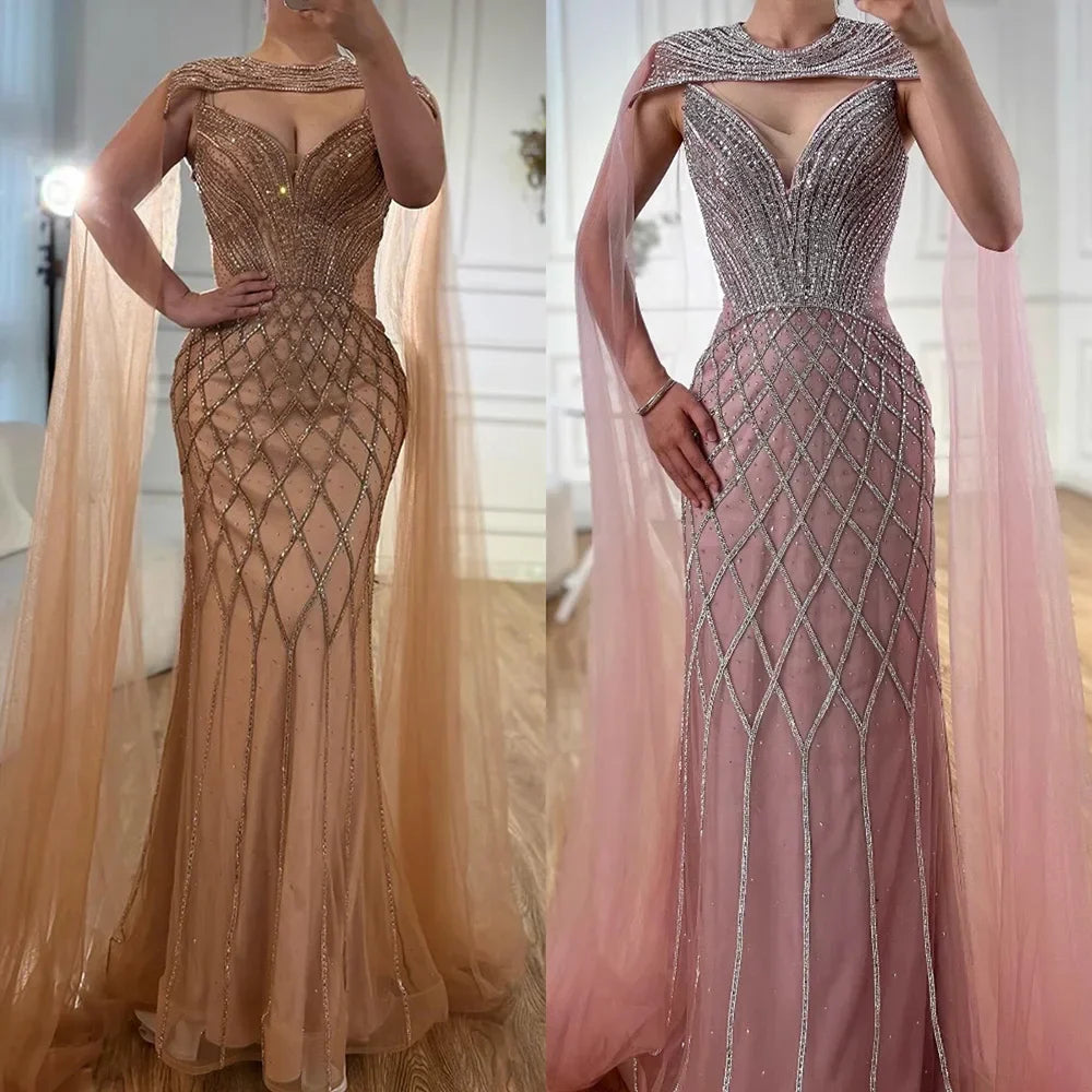 Abito da sera sirena con perline e mantella color nude lussuoso LA72814