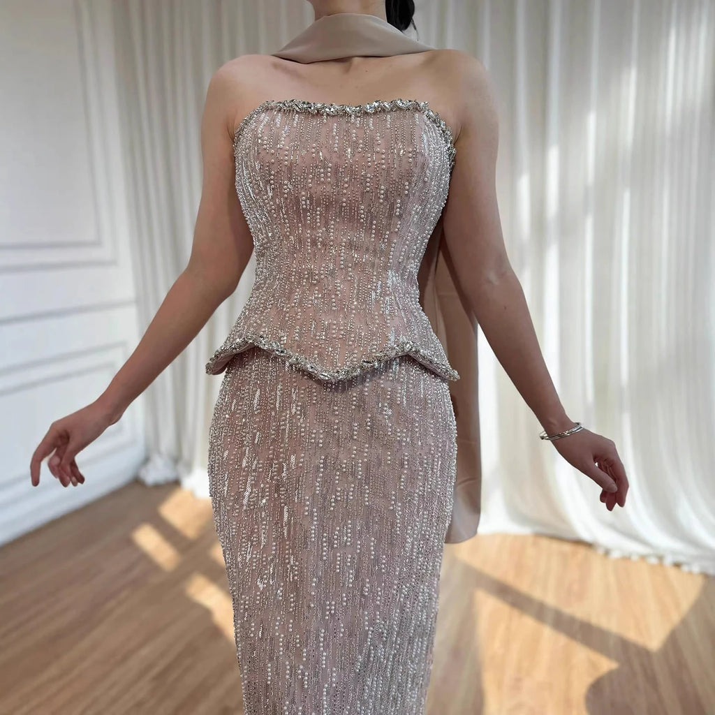 Serene Hill Luxury Beaded Evening Dresses Strapless Peplum Vestidos De Fiesta Wedding Party Formal Wear Gown for Women DLA73076A