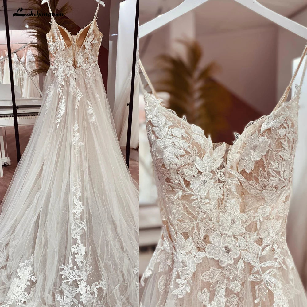 Lakshmigown Spaghetti Straps Lace Wedding Dress Open Back Civil Bridal Bohemian Wedding Gowns Customized Vestidos de Nova