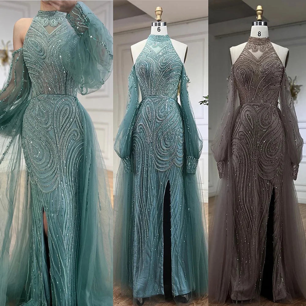 Serene Hill Customized 2026 Turquoise Mermaid Overskirt Beaded Evening Dresses Elegant Party Gowns For Women Wedding DLA72298