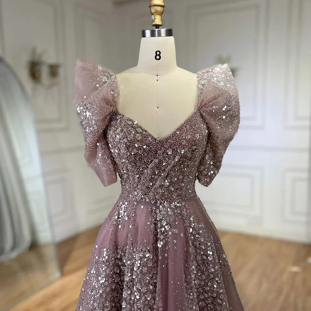 Serene Hill Customized 2024 Pink A Line Beaded Evening Dresses Dubai Arabic Elegant Party Gown for Women Wedding Event DLA72447