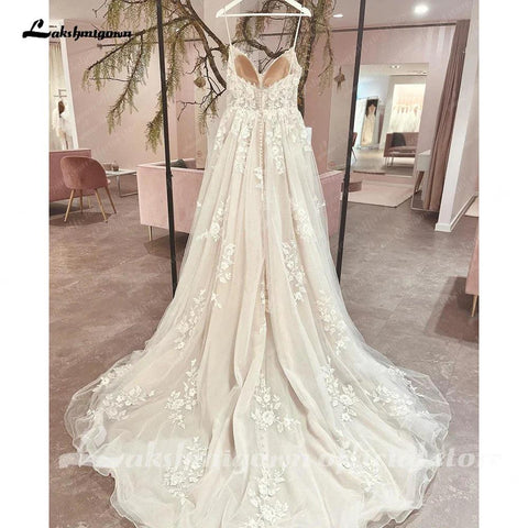 Vestido de noiva NumberSea com alças finas 2025, robe longo e elegante, vestido de noiva para praia, aplicações de renda floral, robe de marie 