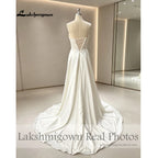 Lakshmigown Summer Beads Lace Beach Wedding Dress for Women Spaghetti Straps V-Neck Lace Applique Boho Bride Gown Customized
