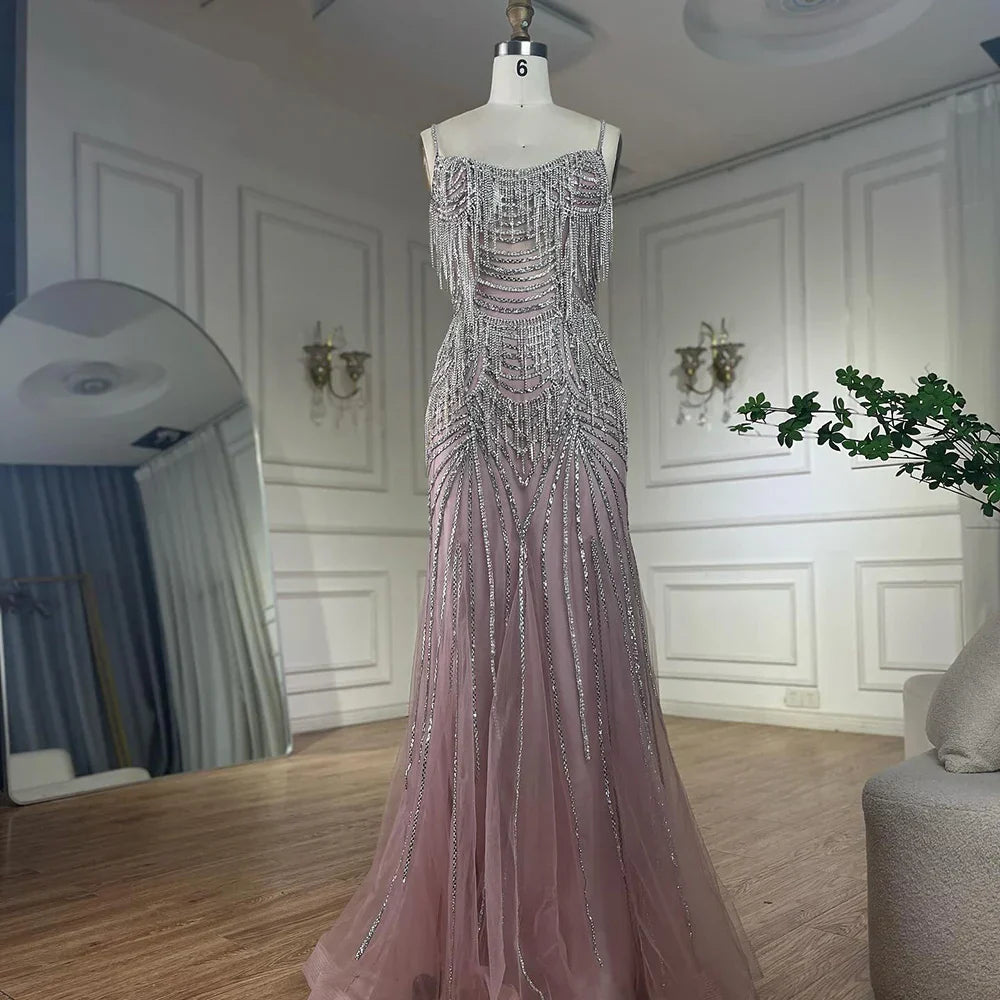 Abito da sera sirena con nappe di cristallo rosa nude di lusso LA72772