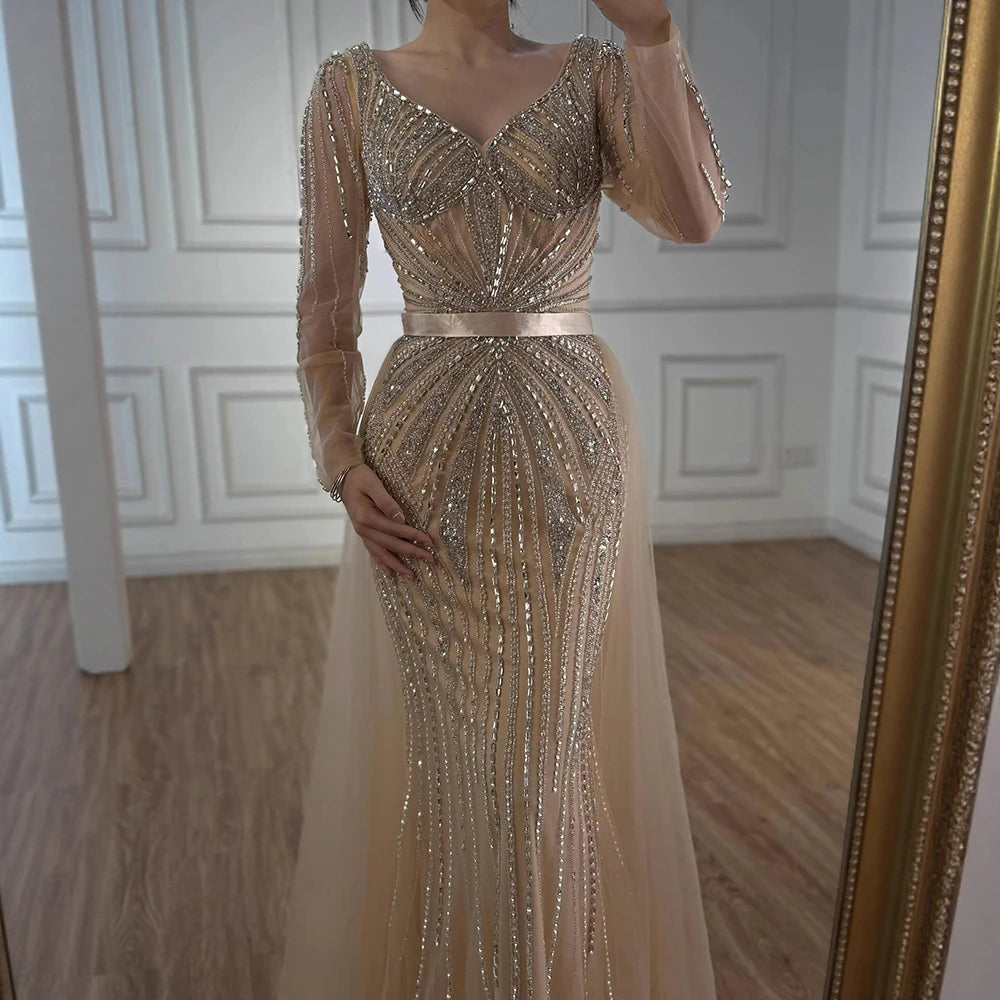 Serene Hill Pink V-neck Long Sleeves Beaded Evening Dress with Detachable Overskirt Party Gown for Women Customized DLA73156