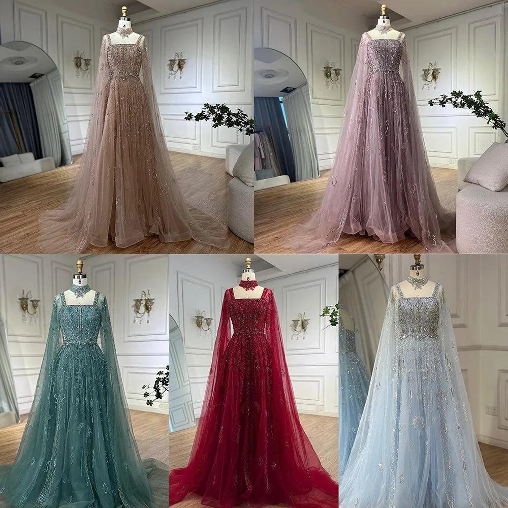 Serene Hill Customized 2025 Wine Red A Line Cape Sleeves Luxury Beaded Evening Dresses Formal Party Gowns for Women DLA72764