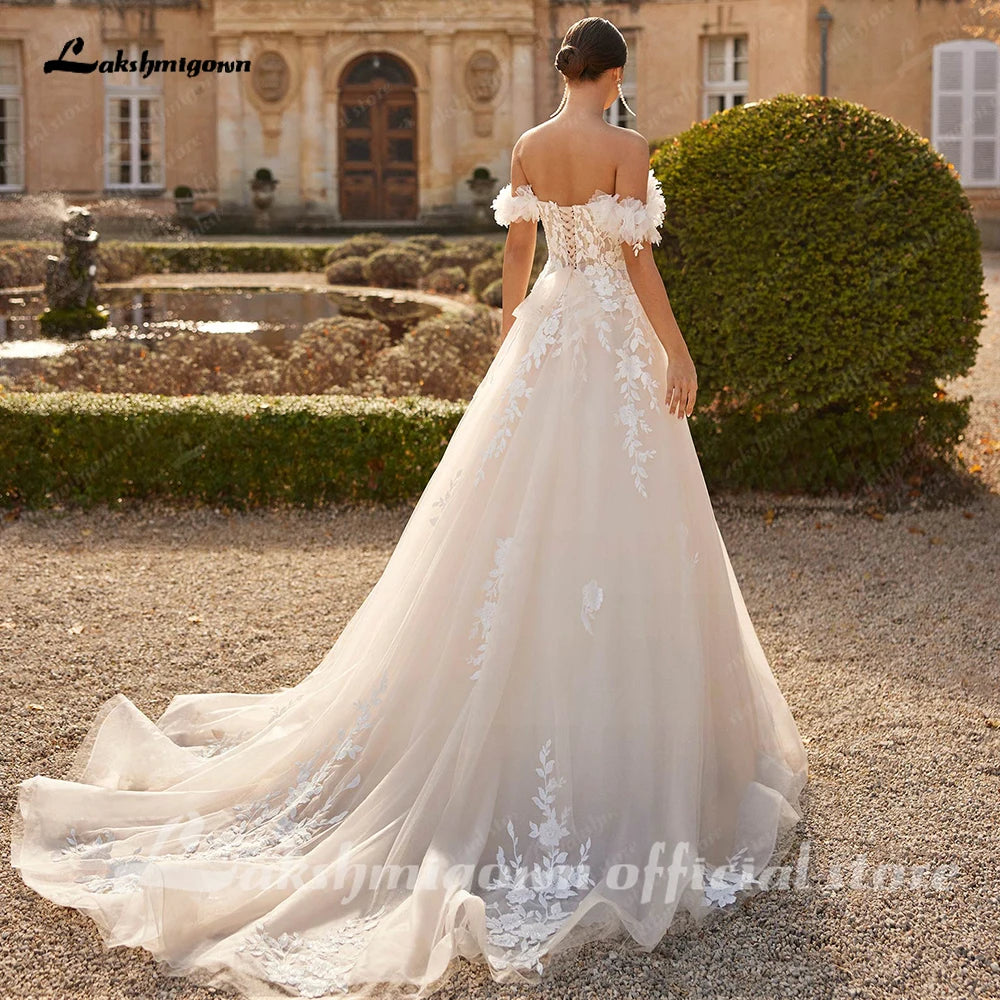 Lakshmigown Sweetheart Tulle Wedding Dress Sequins Appliques Lace Off Shoulder Bridal Gown Vestidos Customized