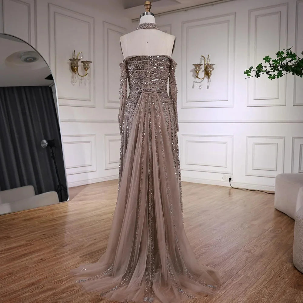 Elegant Caramel Beaded Off Shoulder Evening Dress with Long Sleeves for Formal Party Serene Hill 2025 Customized DLA73053