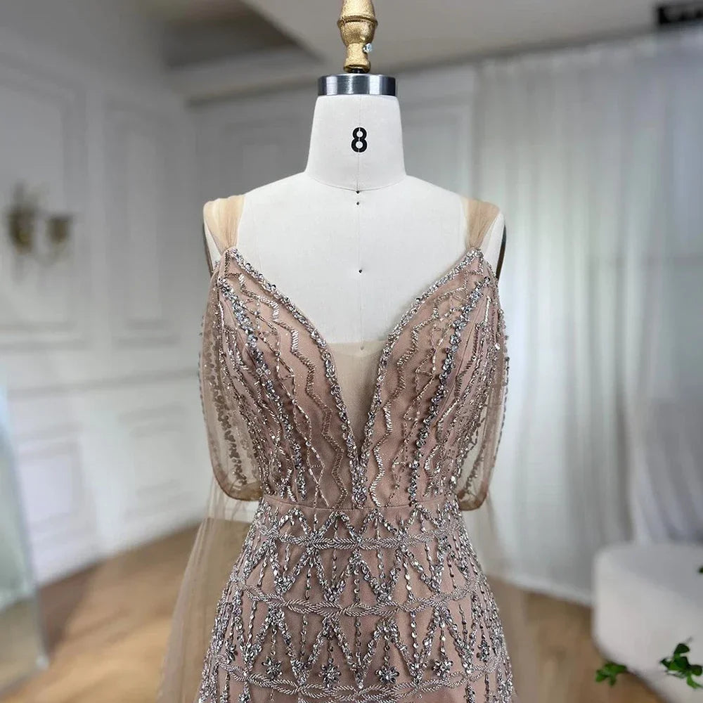 Serene Hill Customized 2025 Nude A-Line Midi Ankle Lengt Prom Dresses Glitter Beaded Evening Party Gowns for Women DLA71911