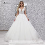 Lakshmigown V-Neck Wedding Dress with Beads Tassel Shoulders Illusion Long Bridal Dresses Lace Up Back Customized