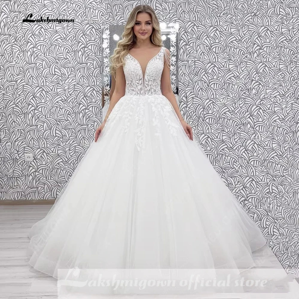Lakshmigown V-Neck Wedding Dress with Beads Tassel Shoulders Illusion Long Bridal Dresses Lace Up Back Customized