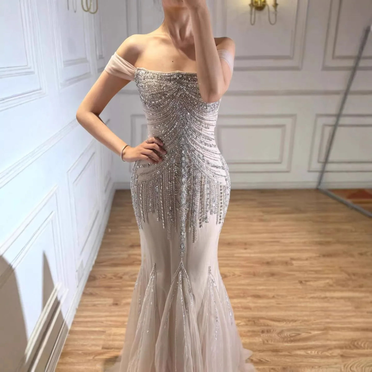 Serene Hill 2026 Nude Off Shoulder Mermaid Beaded Evening Gowns Wedding Party Dresses for Women DLA73214 Customized