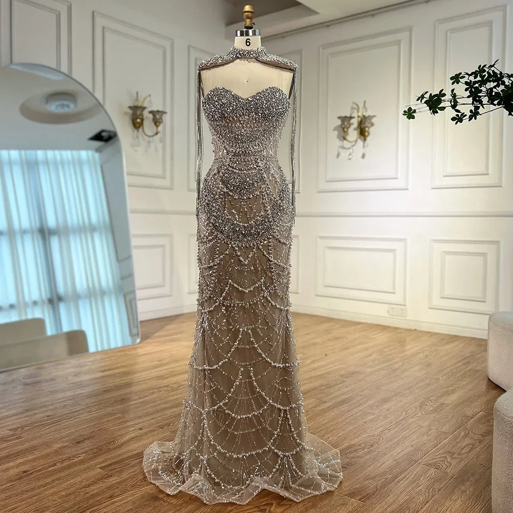 Serene Hill Nude Strapless Mermaid Pearls Beaded Evening Gowns Luxury Party Dress with Tassel DLA72876 Customized