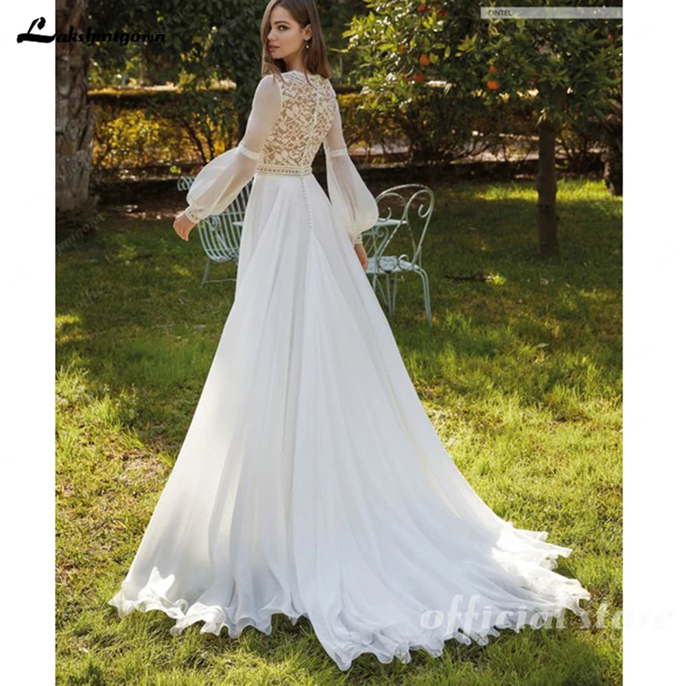 Lakshmigown Beach Boho Wedding Dresses 2026 New Lace Long Fuffy Sleeves Vestidos De Boda V-Neck Bridal Gowns Chiffon Customized