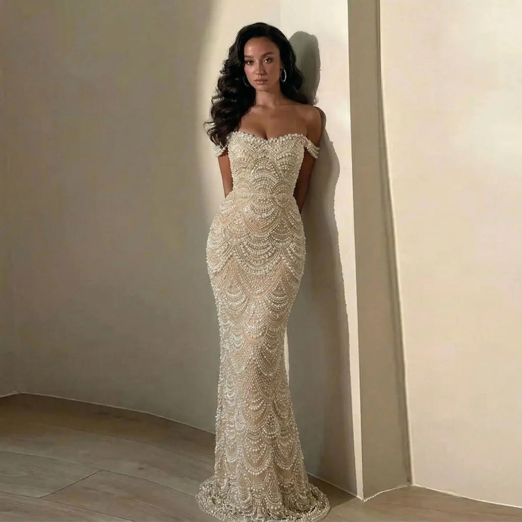 Serene Hill Pearl Beaded Off Shoulder Mermaid Evening Gown High-end Formal Occasion Party Dress Kosov Customized DLA73395A