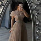 Serene Hill 2025 Customized Dubai Nude A-Line Beaded Backless Evening Dresses Gowns for Wedding Party DLA72834