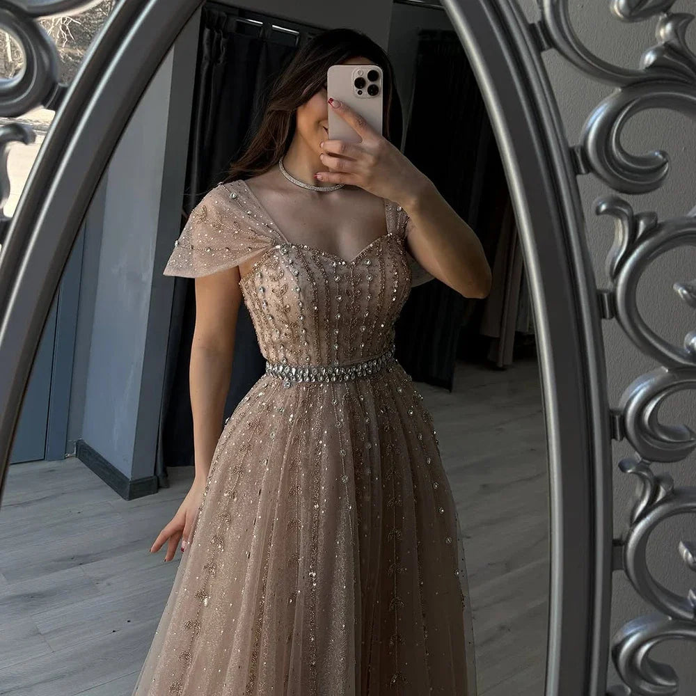 Serene Hill 2025 Customized Dubai Nude A-Line Beaded Backless Evening Dresses Gowns for Wedding Party DLA72834
