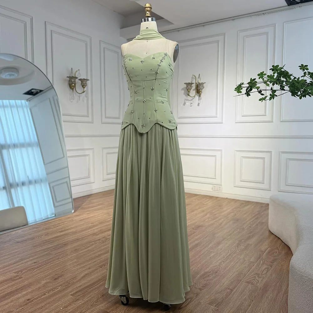 Elegante Verde Salvia   Abito da Sera a Linea A in Chiffon LA73073