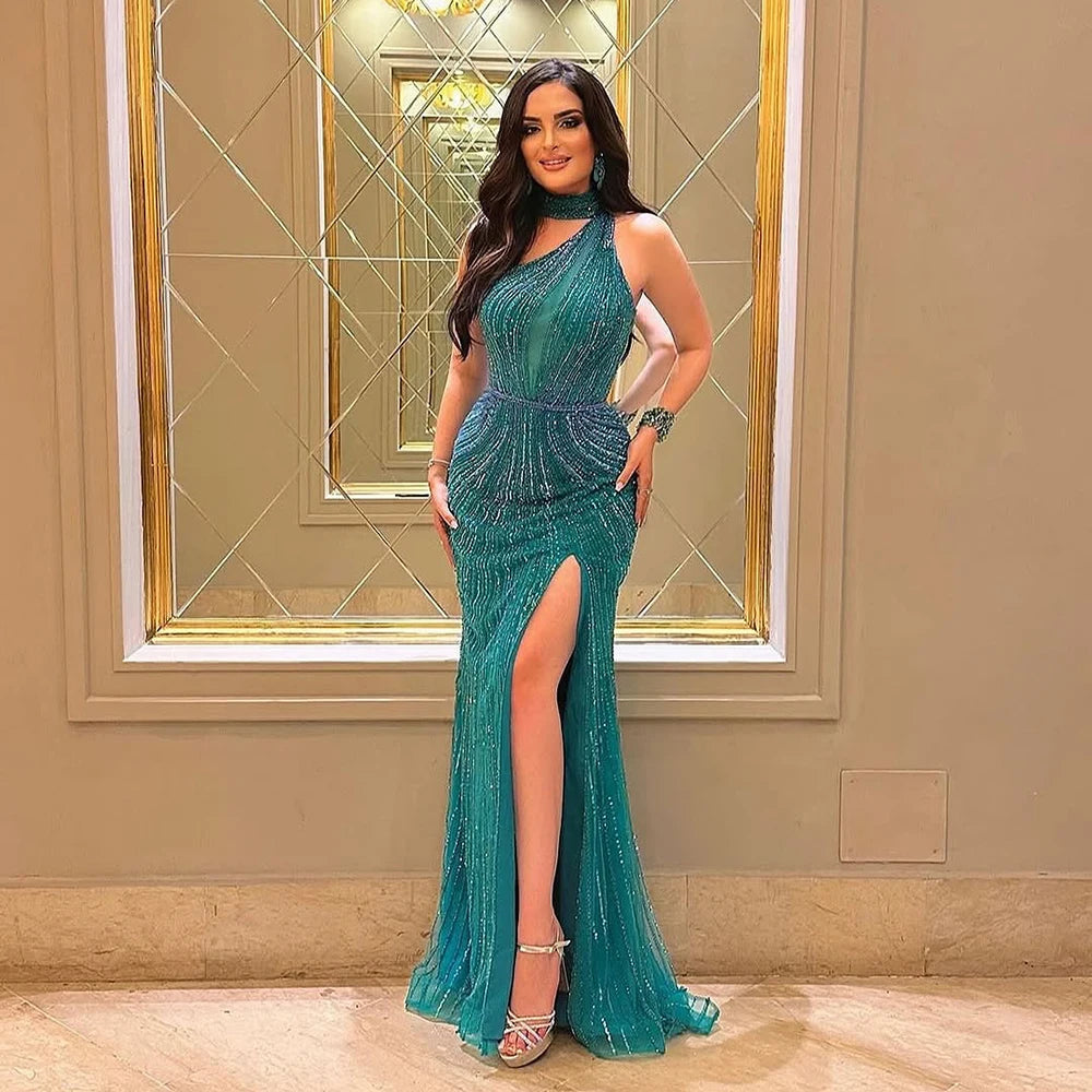 Serene Hill Green Halter Sleeveless Beaded Mermaid High Split Evening Dresses Party Gowns for Women DLA72092 Customized