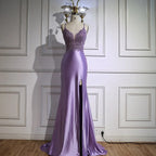 Vestido de Gala de Cetim Roxo de Luxo com Fenda e Aplicações de Renda LA73040