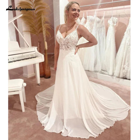 Vestido de noiva estilo boho com alças finas em chiffon evasé, estilo boho, 2025, decote em V, off-white, vestidos de noiva para mulher 