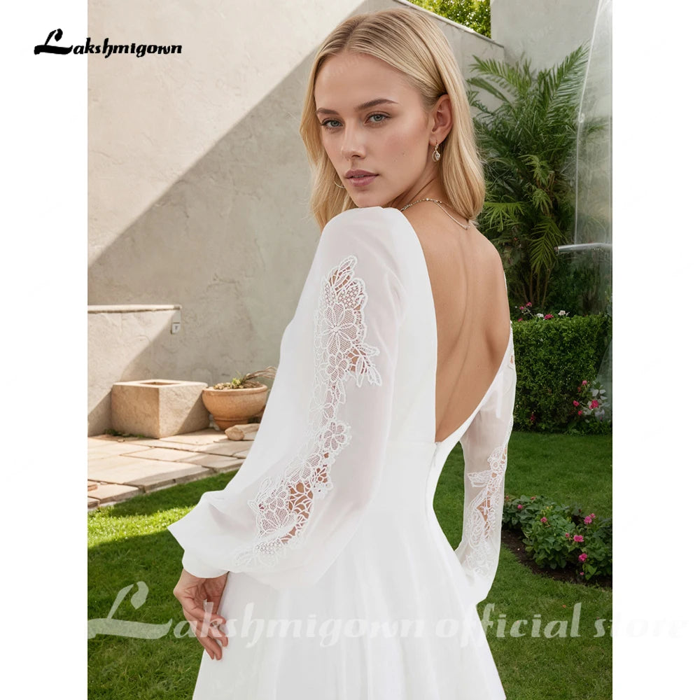 Lakshmigown Boho Chiffon Beach Wedding Dresses Ivory Long Sleeves Bridal Gowns Lace V Neckline Vestido de boda Customized