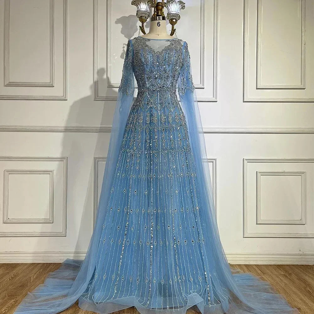 Customized 2025 Muslim A-Line Blue Beaded Elegant Evening Dresses With Cape Sleeves For Wedding Occasion DLA72666