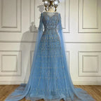 Customized 2025 Muslim A-Line Blue Beaded Elegant Evening Dresses With Cape Sleeves For Wedding Occasion DLA72666