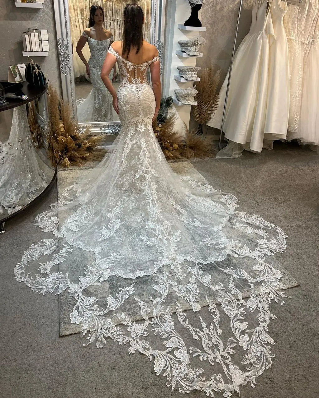 Lakshmigown Princess Lace Appliques Mermaid Wedding Gown for Women Customized Off the Shoulder Wedding Dress Vestido de Boda