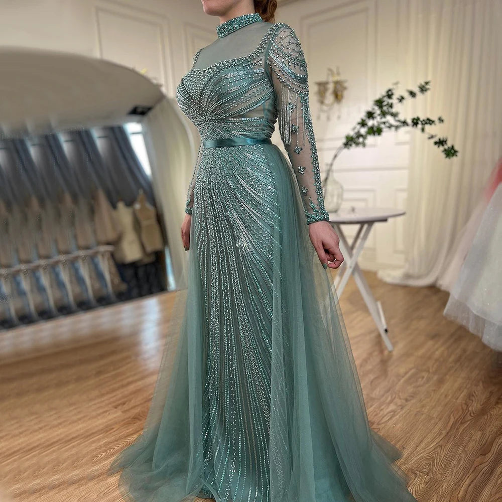 Serene Hill Customized Nude Long Sleeves Beaded Mermaid Dubai Evening Dresses 2025 Muslim Party Gowns for Veiled Women DLA71533