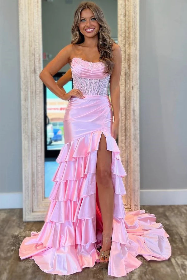Scoop Layered Pleated Mermaid Pink Prom Dress with Slit PSK661