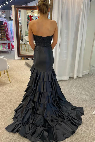 Vestido de festa rosa sereia com decote redondo e racha, plissado, em camadas, PSK661