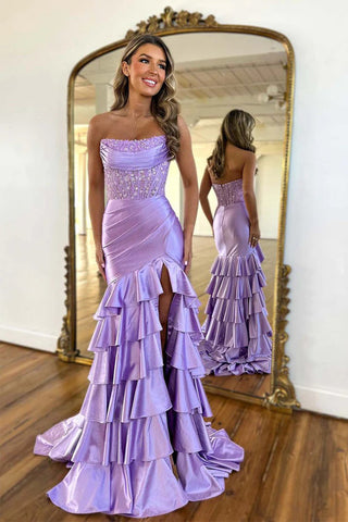 Vestido de festa rosa sereia com decote redondo e racha, plissado, em camadas, PSK661