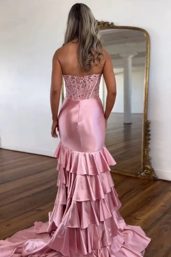 Scoop Layered Pleated Mermaid Pink Prom Dress with Slit PSK661