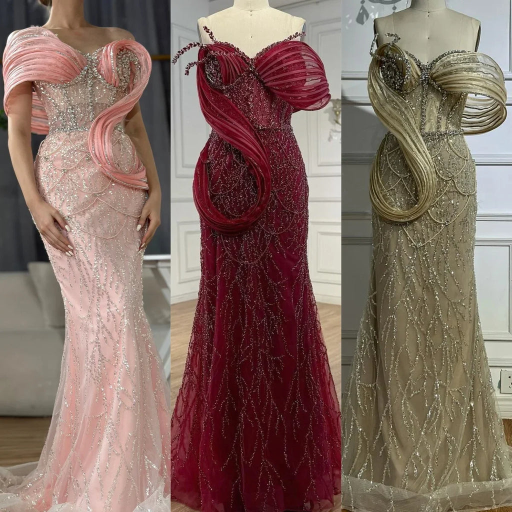 Serene Hill Wine Red Mermaid One Shoulder Beaded Cut Out Evening Dresses Classic Party  Gowns for Women DLA72455 Customized