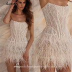 Lakshmigown Short Mini Feathered Wedding Dress Sparkly Reception Customized Strapless Bridal Gown No Gloves New Arrival Bride We