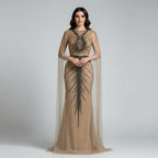 Serene Hill Luxury Beaded Mermaid Evening Dresses with Cape Sleeves Caramel Formal Party Gown for Women Customized DLA72940