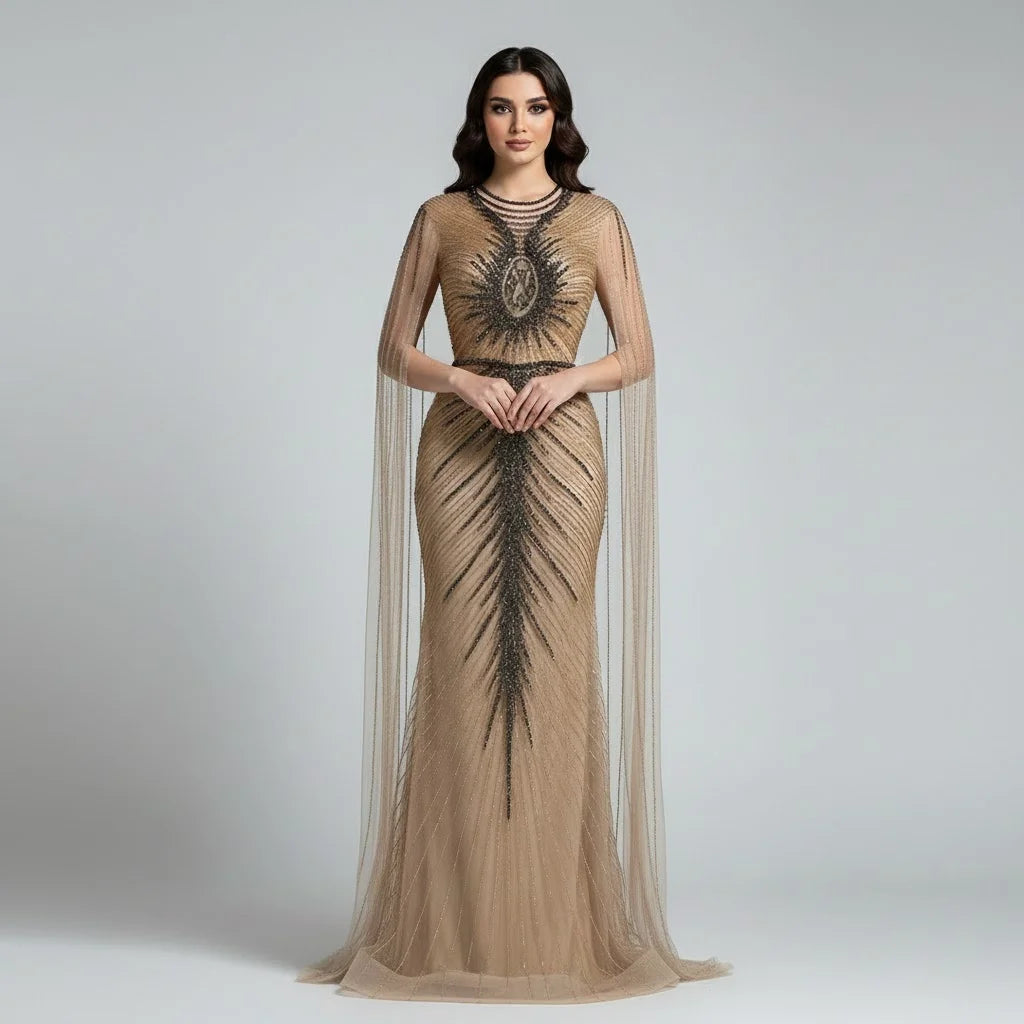 Serene Hill Luxury Beaded Mermaid Evening Dresses with Cape Sleeves Caramel Formal Party Gown for Women Customized DLA72940