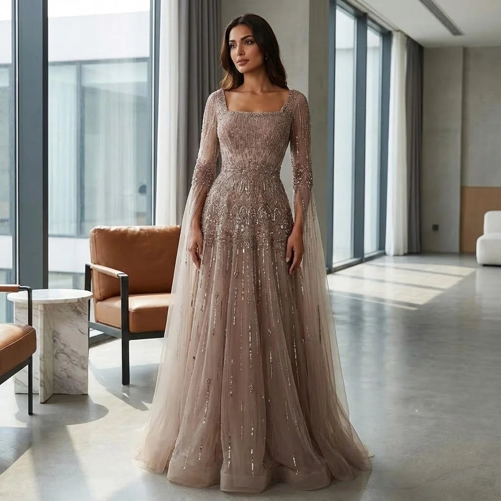 Serene Hill 2026 Customized Caramel Beaded A-Line Evening Dress with Cape Sleeves Formal Party Gowns for Women DLA73089