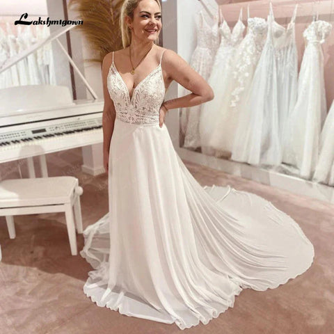 Vestido de noiva estilo boho com renda e chiffon branco NumberSea, corte A, 2024, decote em V, elegante, praia, vestidos para mulher 