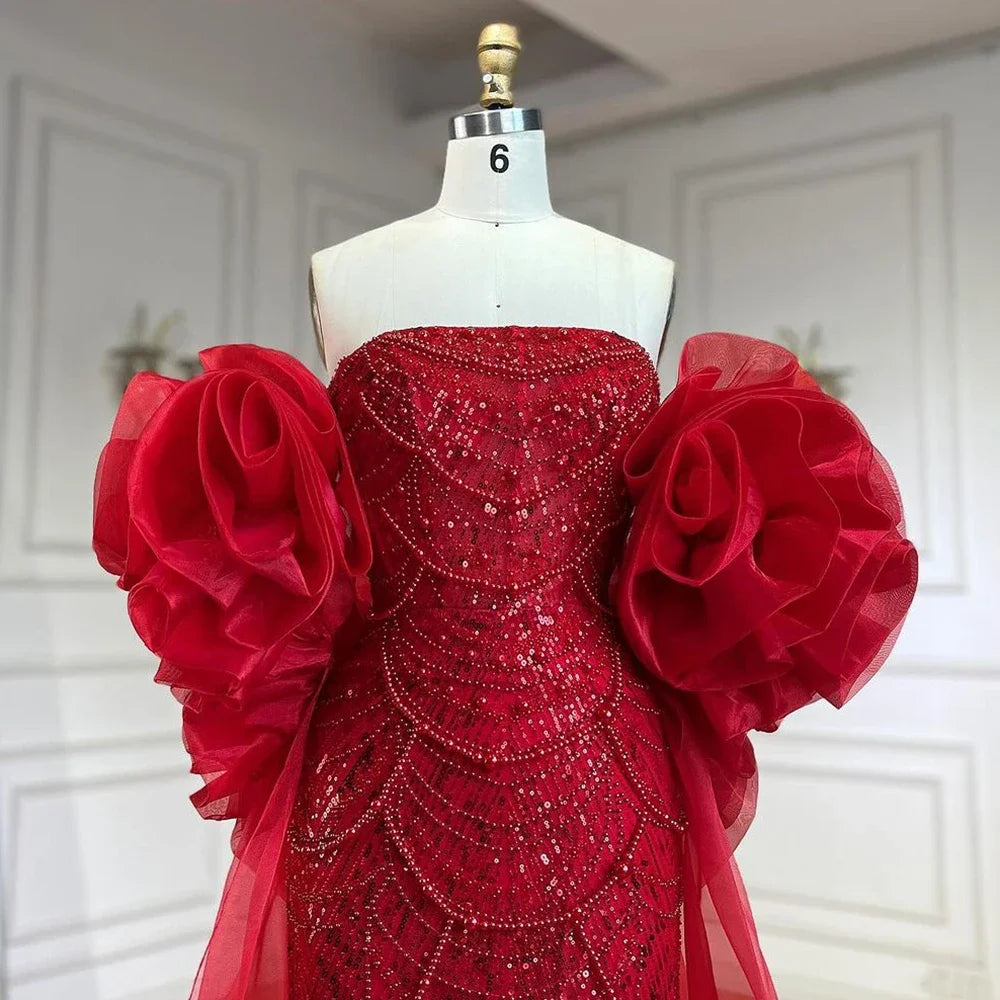 Serene Hill Red Strapless Mermaid Pearls Beaded Evening Dress with Cape Wedding Party Gowns for Women  DLA72585 Customized