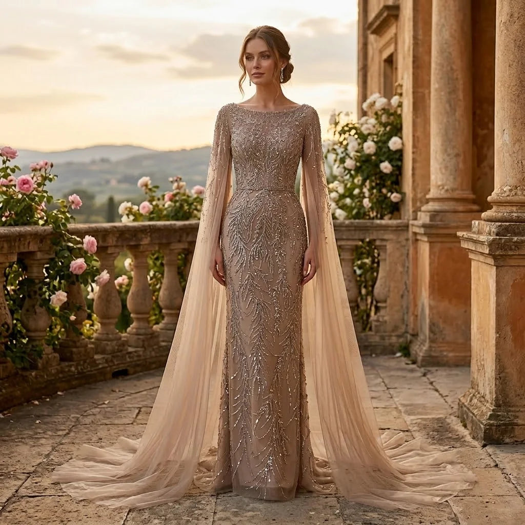 Serene Hill Customized Caramel O-Neck Mermaid Evening Dress with Cape Sleeve 2026 Wedding Party Gowns for Women DLA71804