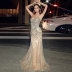 Robe de soirée sirène luxueuse en cristal rose nude avec franges LA72772