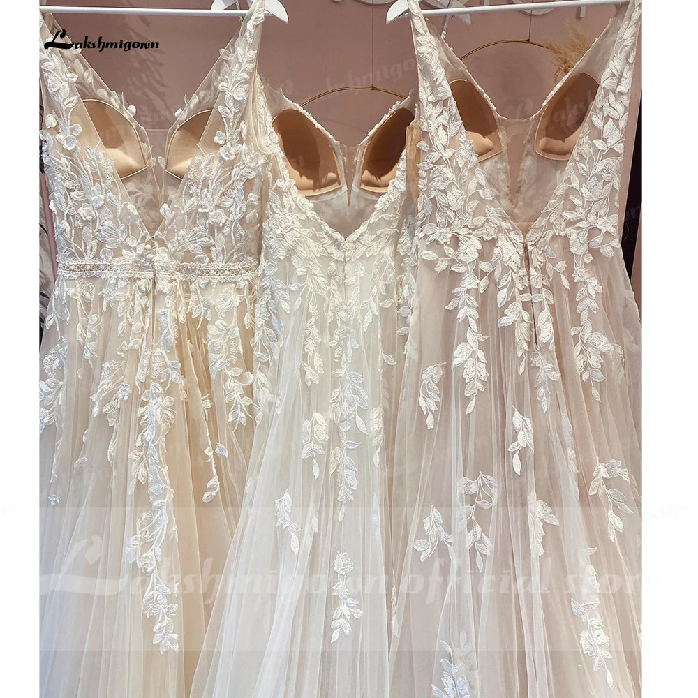 Lakshmigown V Neck Lace Appliques Wedding Dresses Customized Champagne Bridal Gowns A Line Wedding Gown Estido De Noiva Praiano
