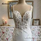 Lakshmigown Elegant Mermaid Wedding Dresses Deep V‑Neck Illusion Low Back Beaded Lace Appliques Satin Bridal Gown Customizedn