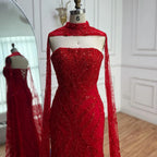 Serene Hill Red Mermaid Detachable Cape Sleeves Evening Dresses with Lace Up Back Party Gowns for Women DLA72824 Customized